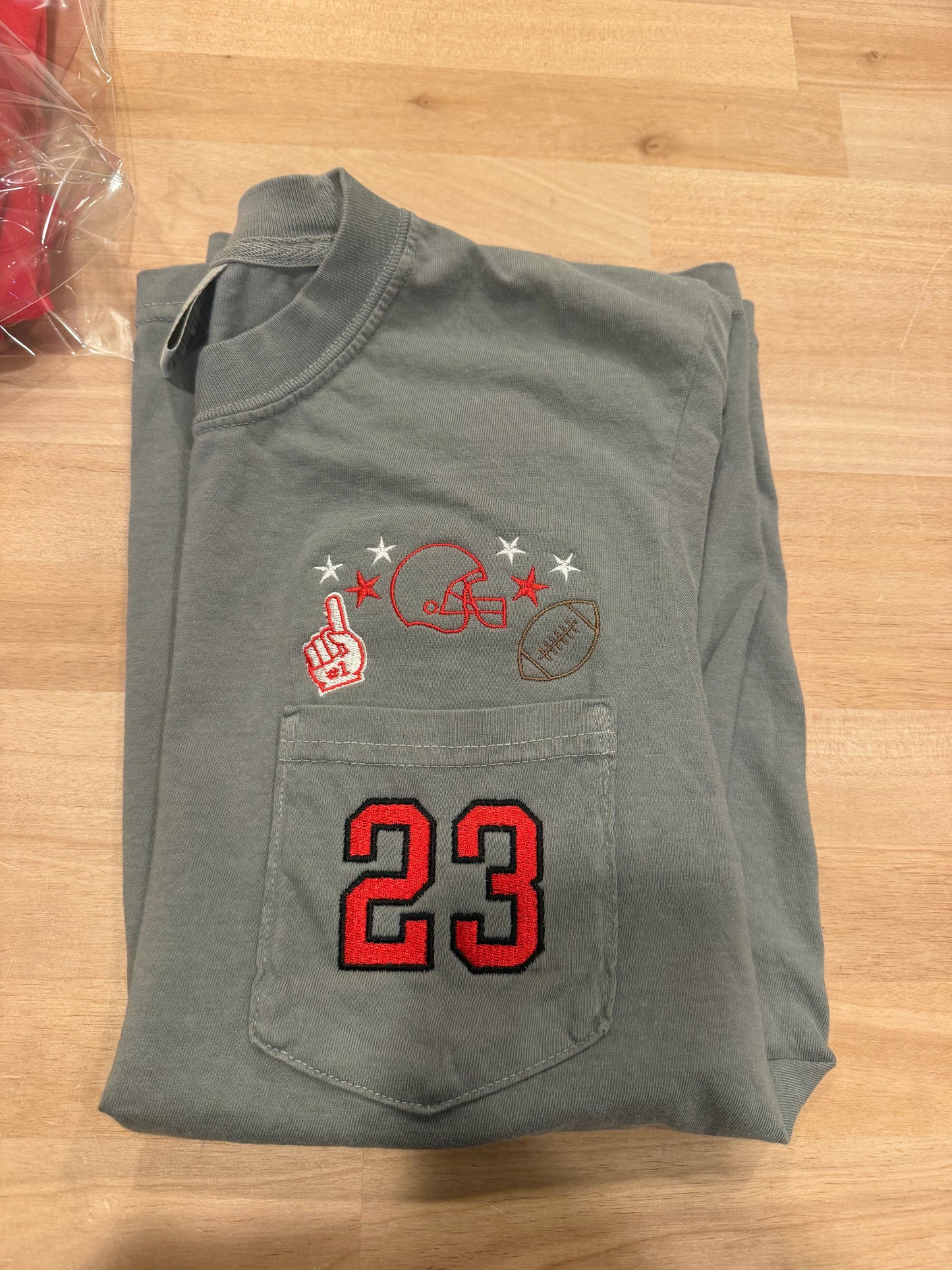 Embroidered Football Pocket Comfort Colors T-Shirt